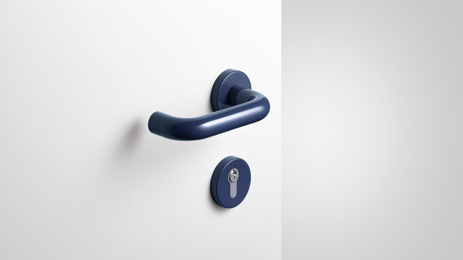 Lever handle with key rosette in the colour steel blue made of polyamide
