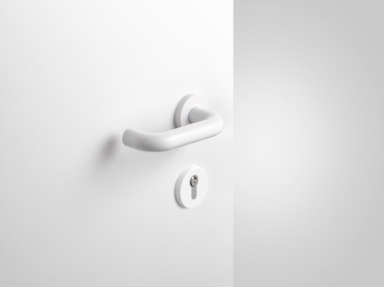 Béquille de porte HEWI blanc de sécurité Béquille de porte avec rosace de clé en polyamide de couleur blanc de sécurité