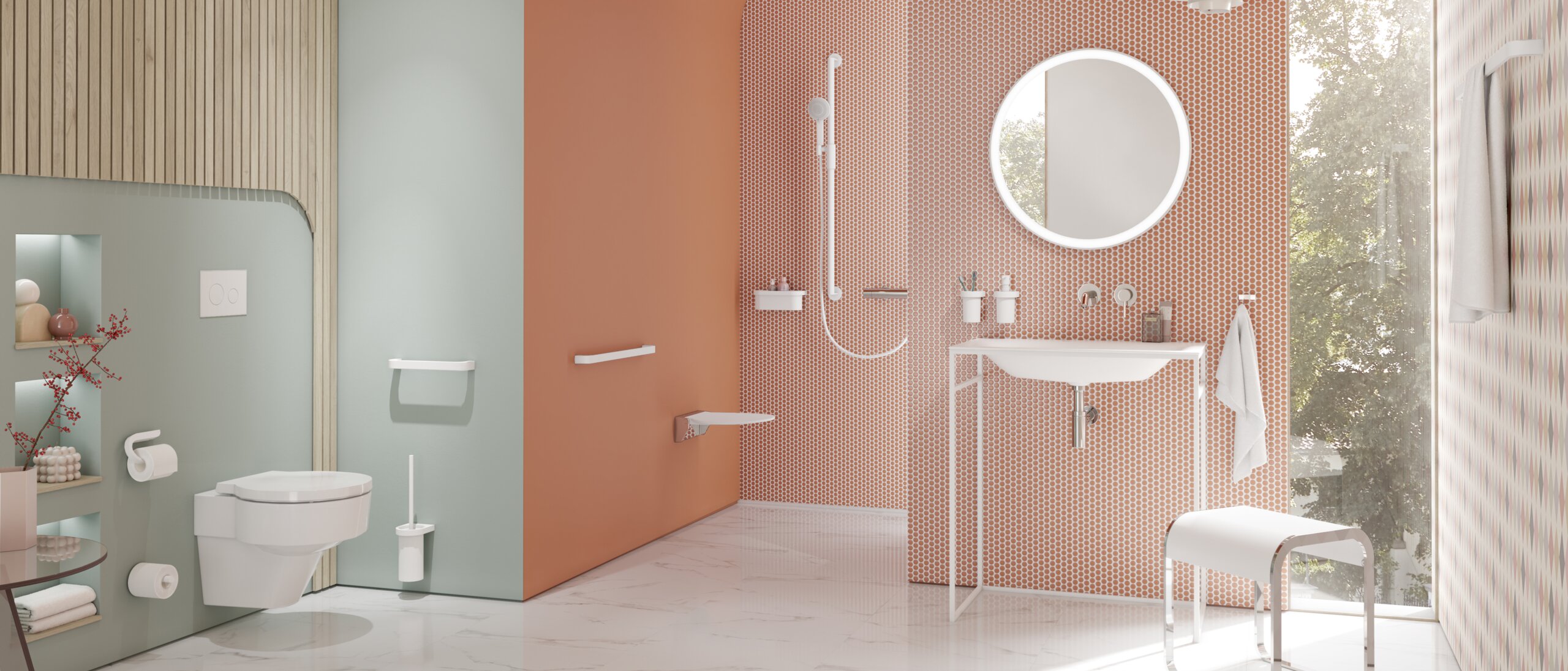 Modern bathroom with washbasin, shower area and WC