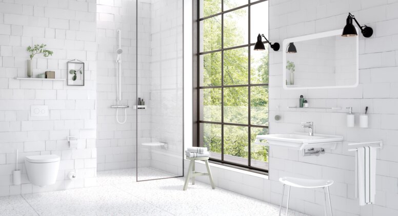 HEWI Series 162 white matt Bathroom, equipped with sanitary accessories such as towel rail, soap dispenser, toilet paper holder in matt white