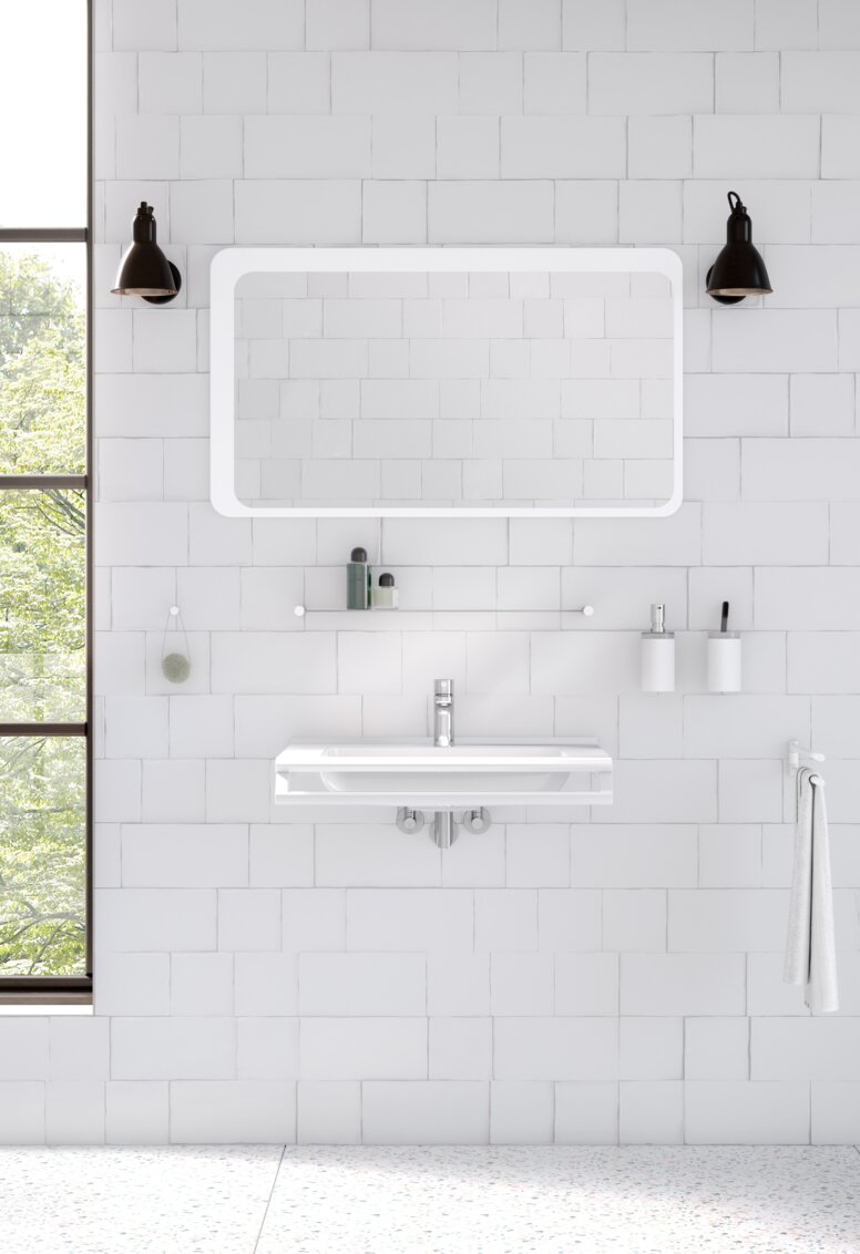 HEWI System 162 Modern washbasin situation with white matt sanitary accessories such as soap dispenser, towel rail and shelf