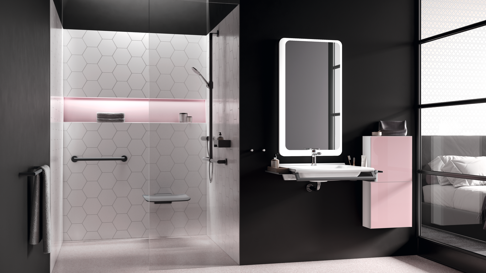 HEWI barrier-free hotel bathroom Modern hotel bathroom with barrier-free washbasin and shower area