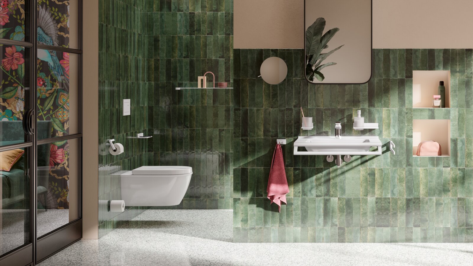HEWI System 900 white Bathroom with green tiles, WC area, shower area and washbasin, fitted with white sanitary accessories