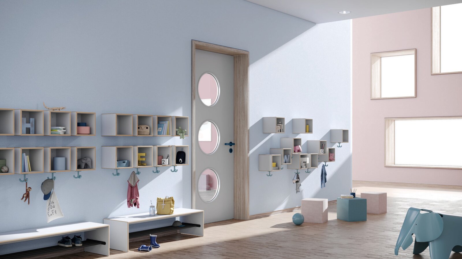 HEWI M20 Furniture for children Blue kindergarten hallway with wall-mounted coat racks, triple hooks and seating