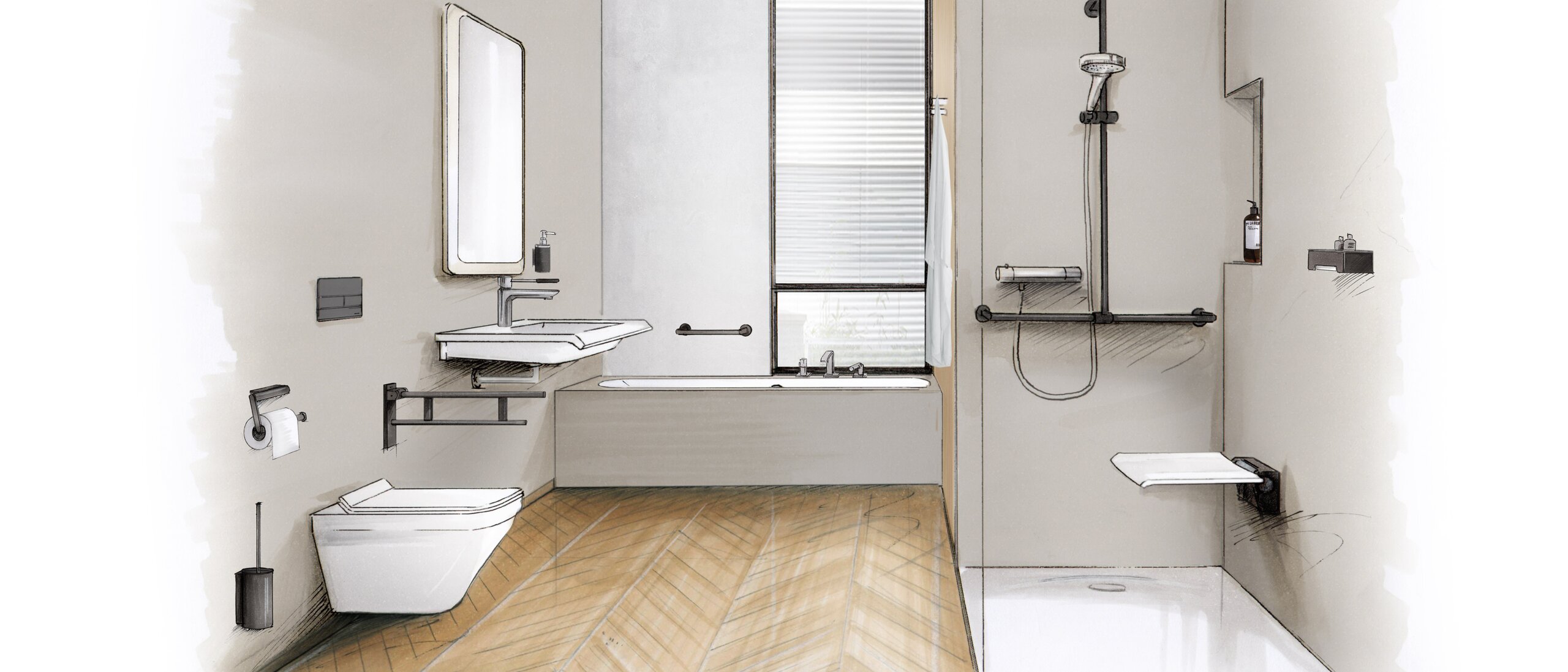 Barrierefreies Badezimmer mit bodengleicher Dusche, unterfahrbarem Waschtisch und Stützklappgriffen – KfW-Förderung Badsanierung möglich. 