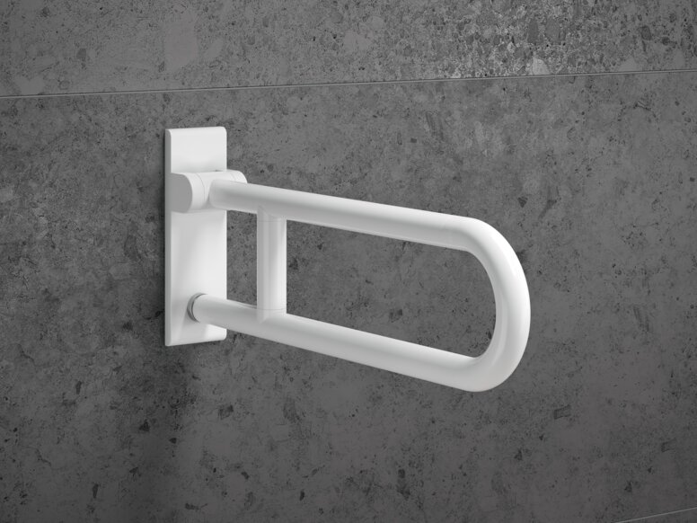 HEWI folding support handle signal white matt Removable folding support handle in matt signal white made of polyamide