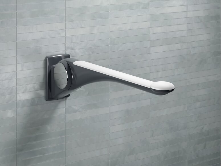 HEWI LifeSystem folding support handle anthracite-white Folding support handle in the color anthracite with grip pad in the color white