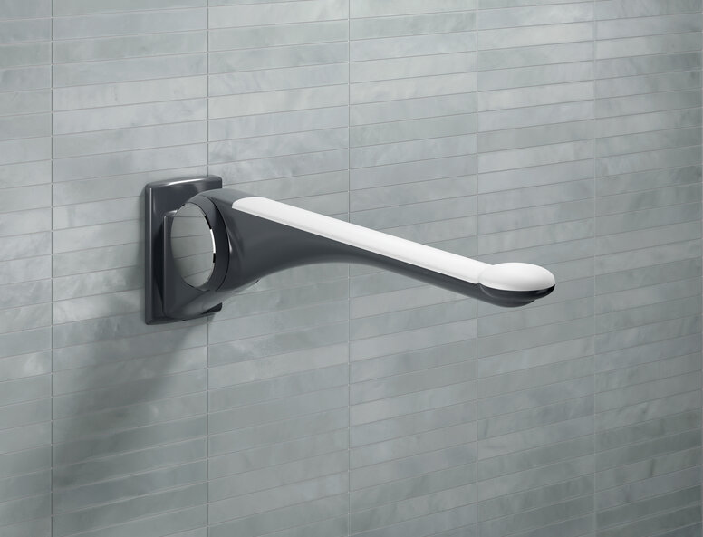 HEWI LifeSystem folding support handle anthracite-white Folding support handle in the color anthracite with grip pad in the color white