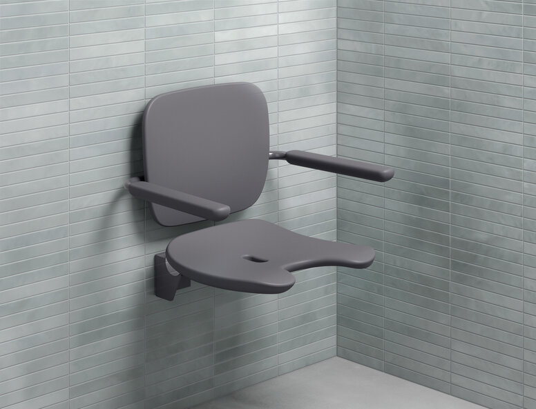 HEWI Shower seat anthracite Shower seat with backrest and armrests in the color anthracite made of hard foam