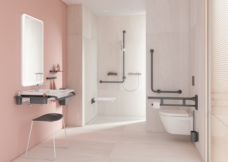 HEWI Series 900 Anthracite matt Barrier-free bathroom with washbasin, shower area and WC
