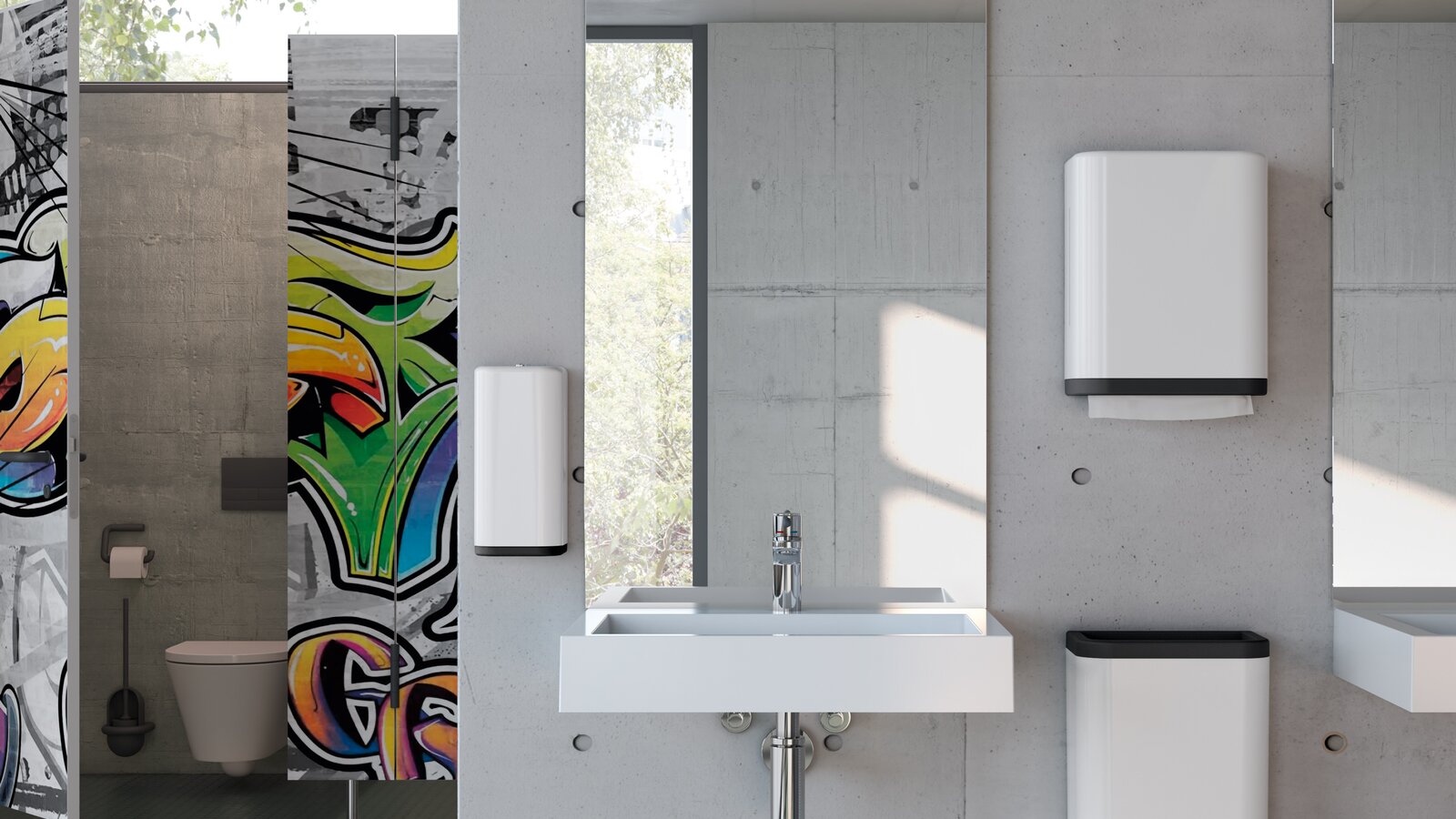 HEWI dispenser systems 477/801 for schools Washbasin of a school toilet equipped with soap and paper towel dispenser in signal white made of polyamide