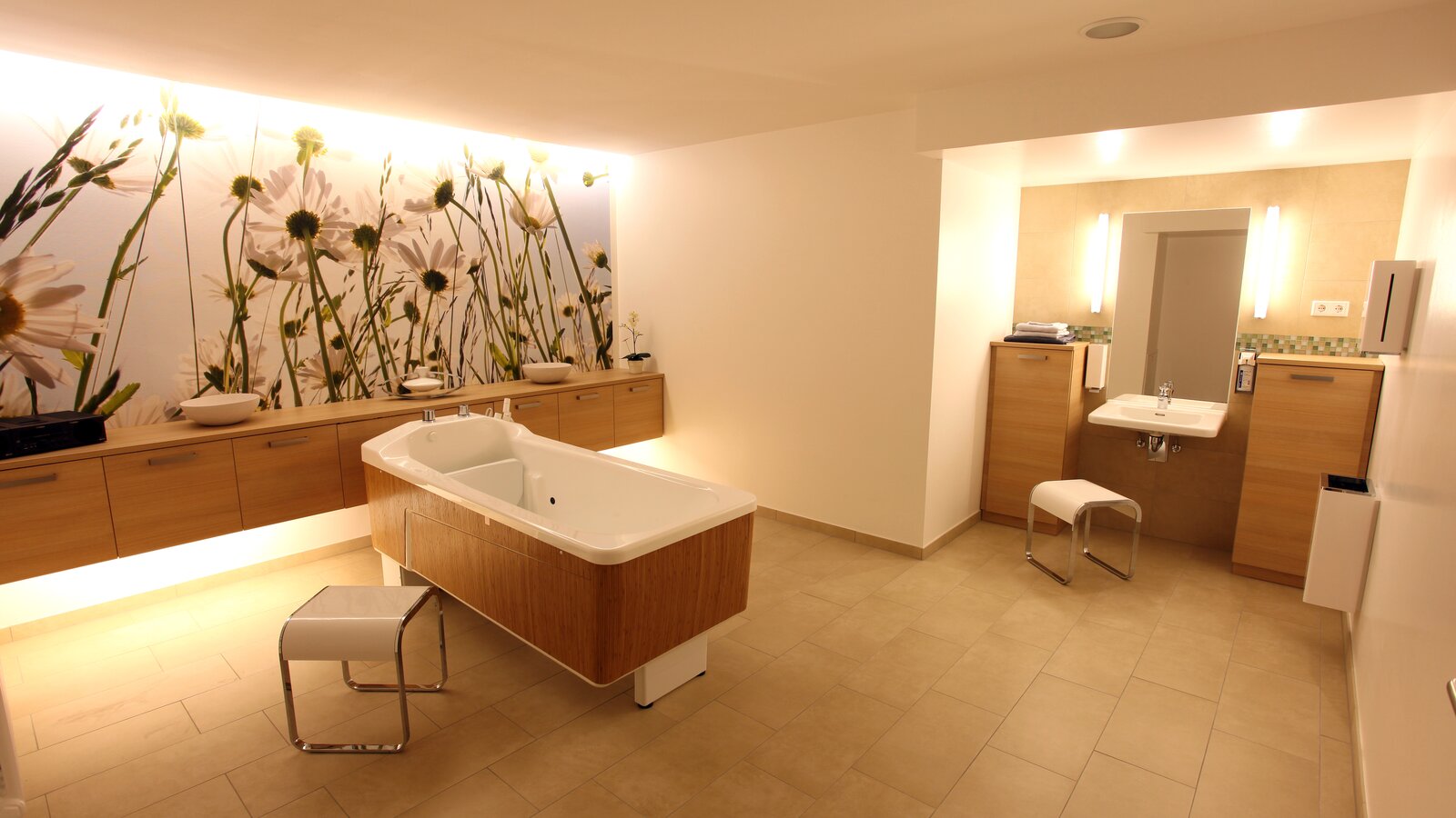 Franz Jordan House in Warburg Care bathroom equipped with a stool, soap dispenser, hygiene waste garbage can and paper towel dispenser according to System 800