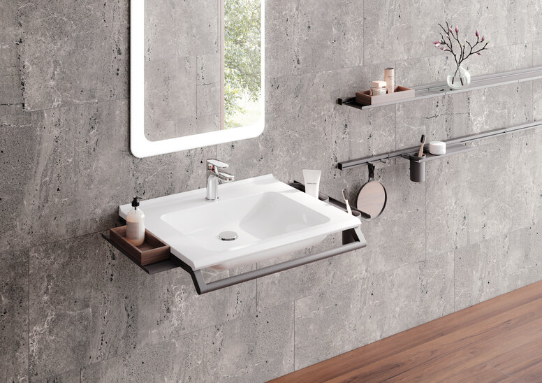 HEWI modularer Waschtisch Dunkelgrau matt Modularer Waschtisch mit Haltegriff und Ablagen für Badutensilien in Dunkelgrau matt aus Edelstahl