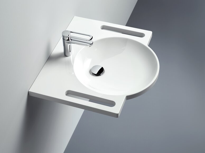 HEWI washstand Washbasin with grab rail, round basin and single-lever tap in chrome