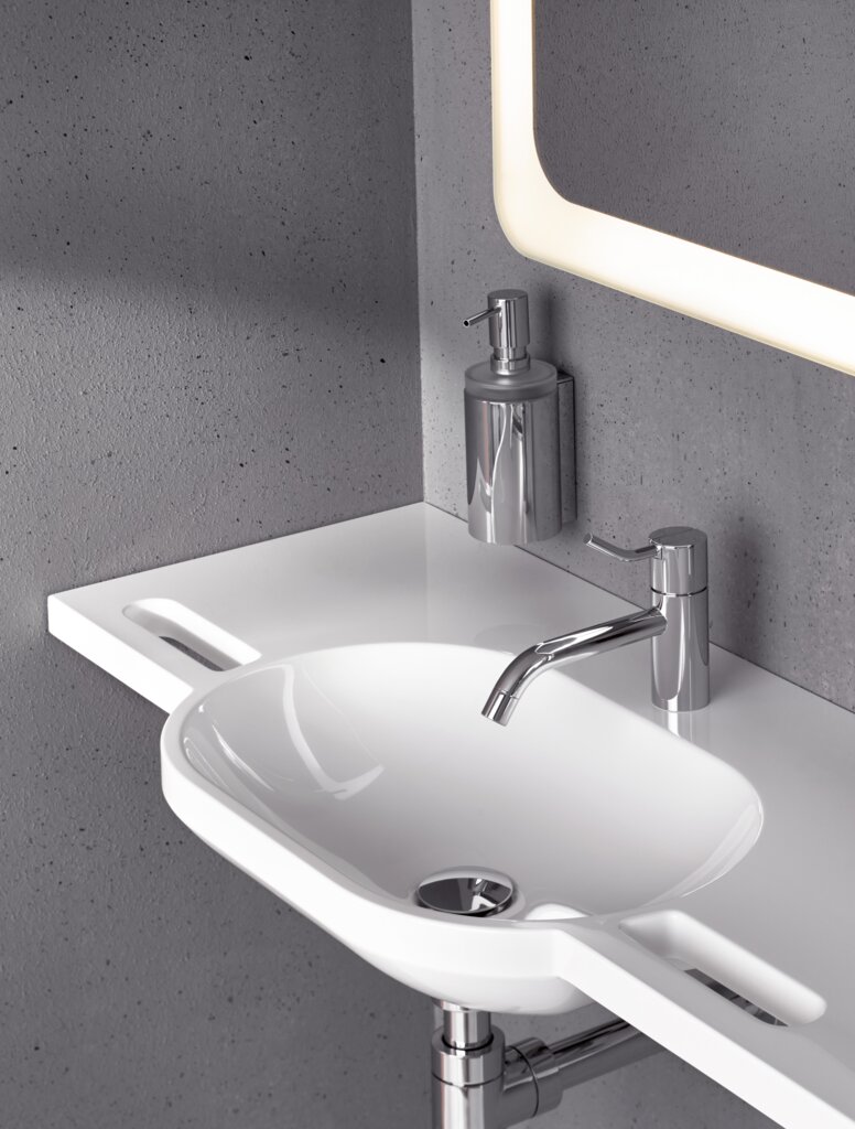 HEWI washbasin Washbasin with slate handles, oval basin, single-lever mixer in chrome, Becker and soap dispenser